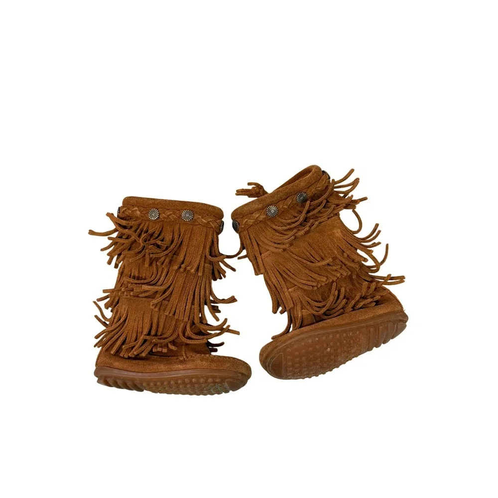 Minnetonka Toddler 3 Layer Fringe Boots Brown Suede Moccasin Zipper Size 7 2652